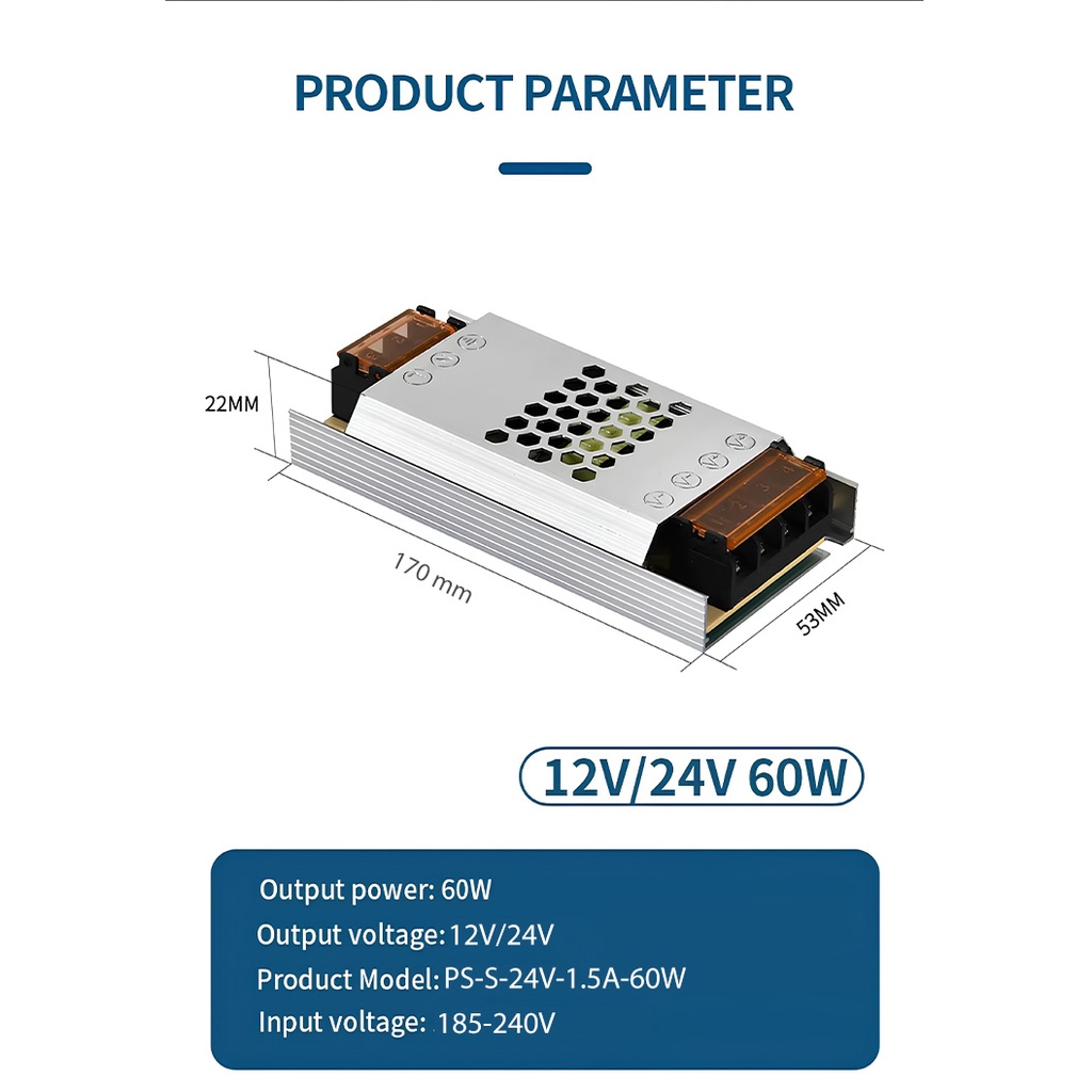 Switching Power Supply Slim, Indoor, 24V, 1.5A, 60W