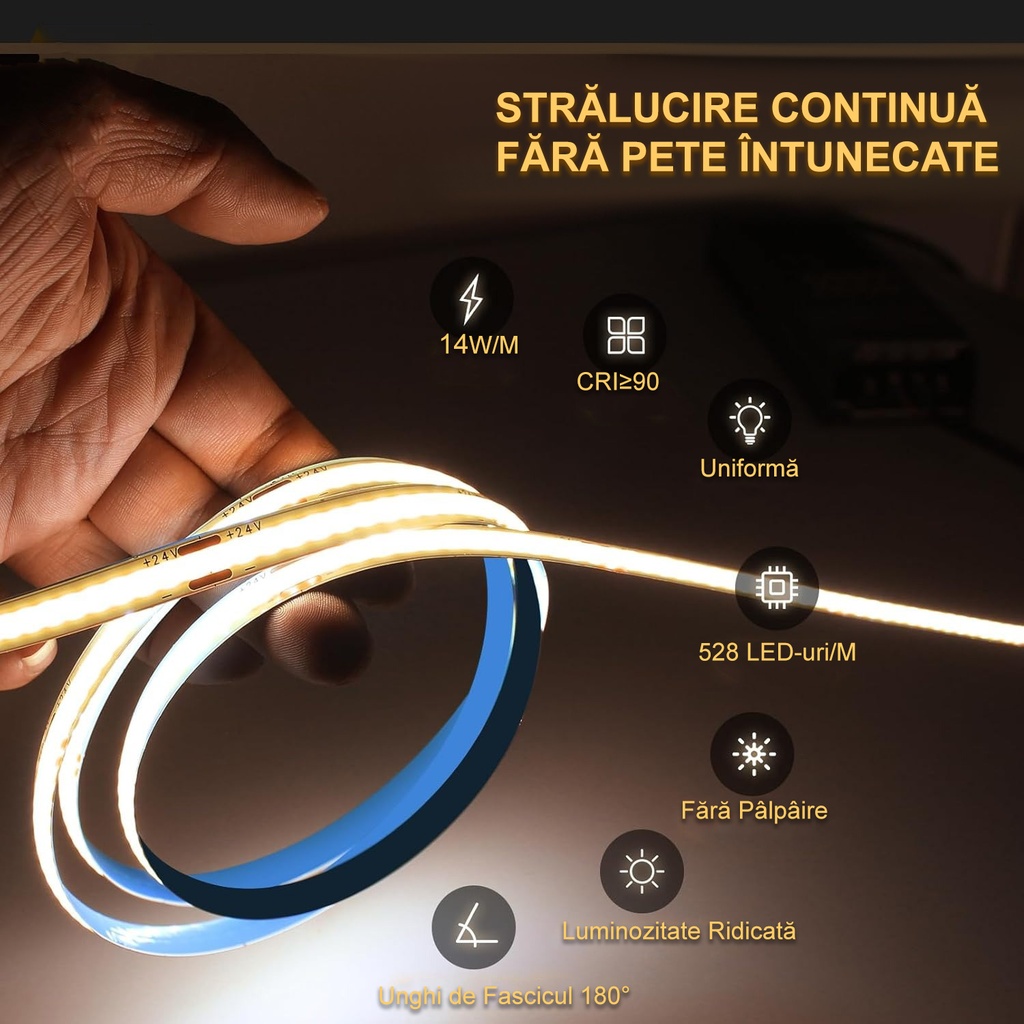 12V COB LED Strip Light – 528 LEDs/m – 3000k – IP20 – 10mm – 5m Roll