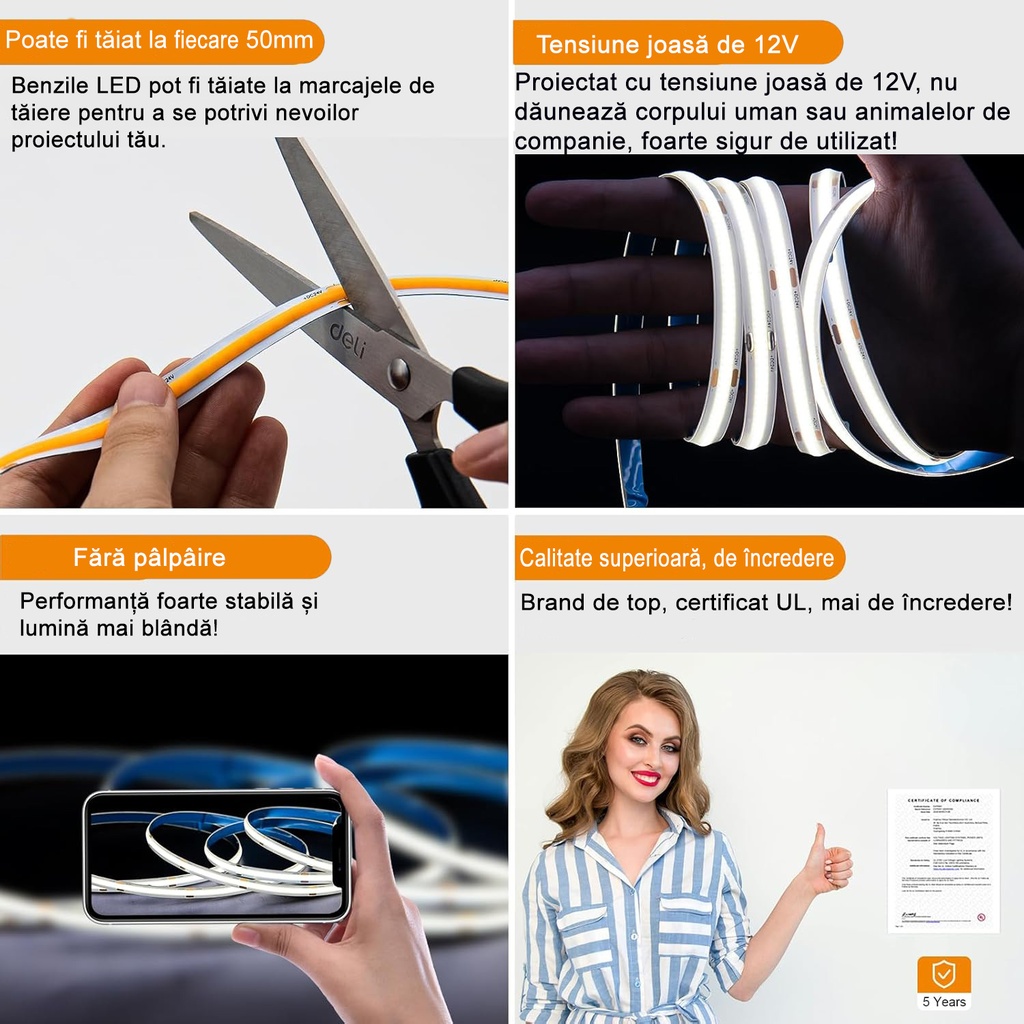 12V COB LED Strip Light – 320 LEDs/m – 6500k – IP20 – 8mm – 5m Roll