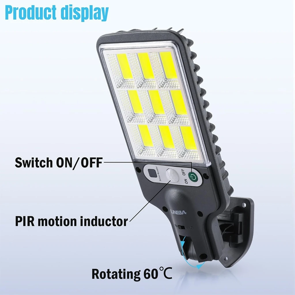 Solar street lamp 108 COB LEDs with integrated solar panel and remote control