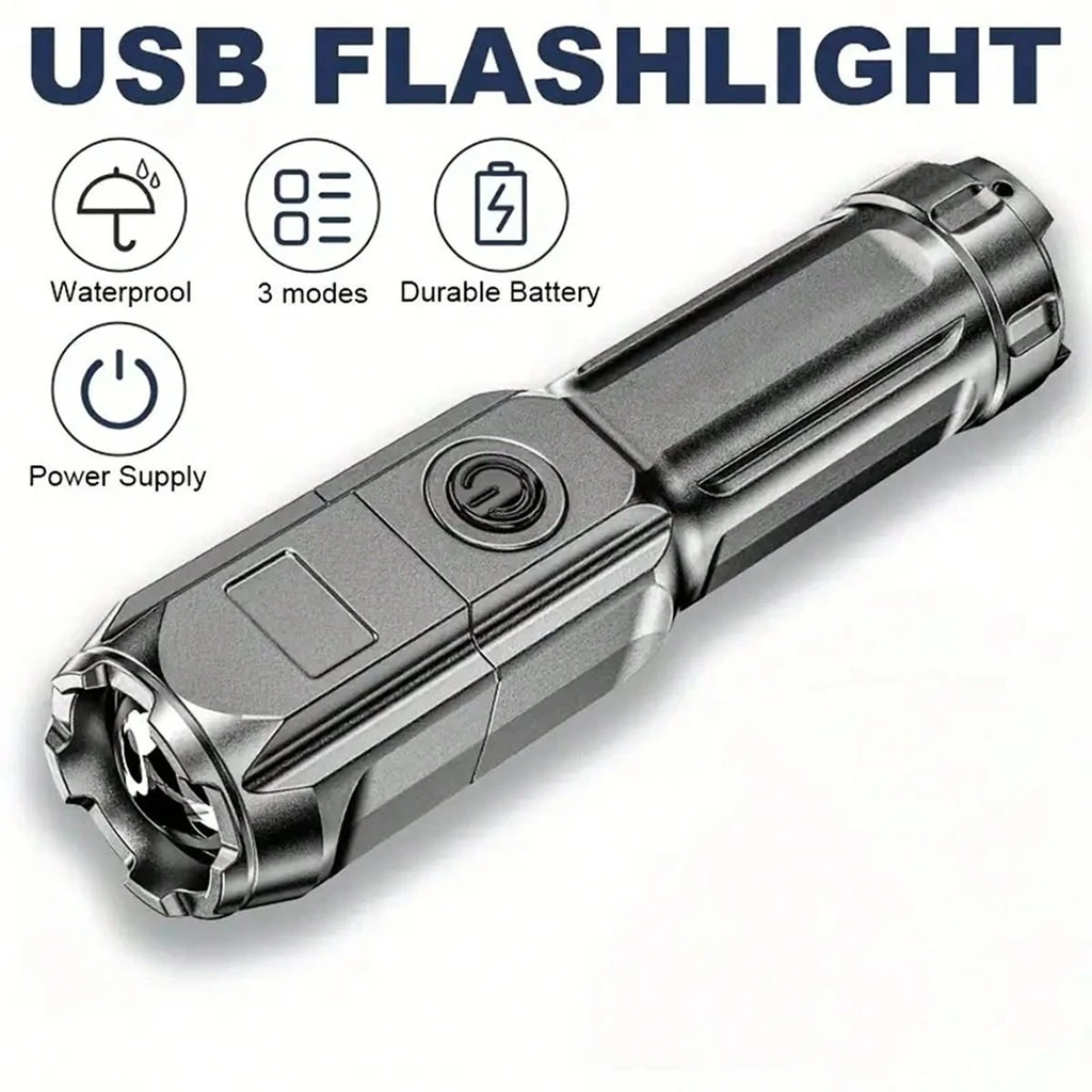 LED flashlight model S505, T6 LED, with rechargeable battery, Silver