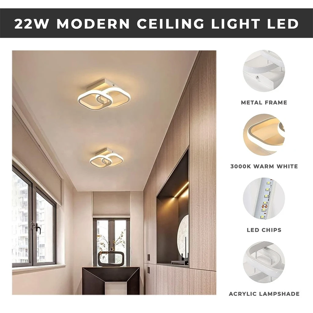 LED Chandelier 20W - 2 Squares, 3 color steps (Cool White, Neutral, Warm), Modern Design, 28x19x10 cm, White