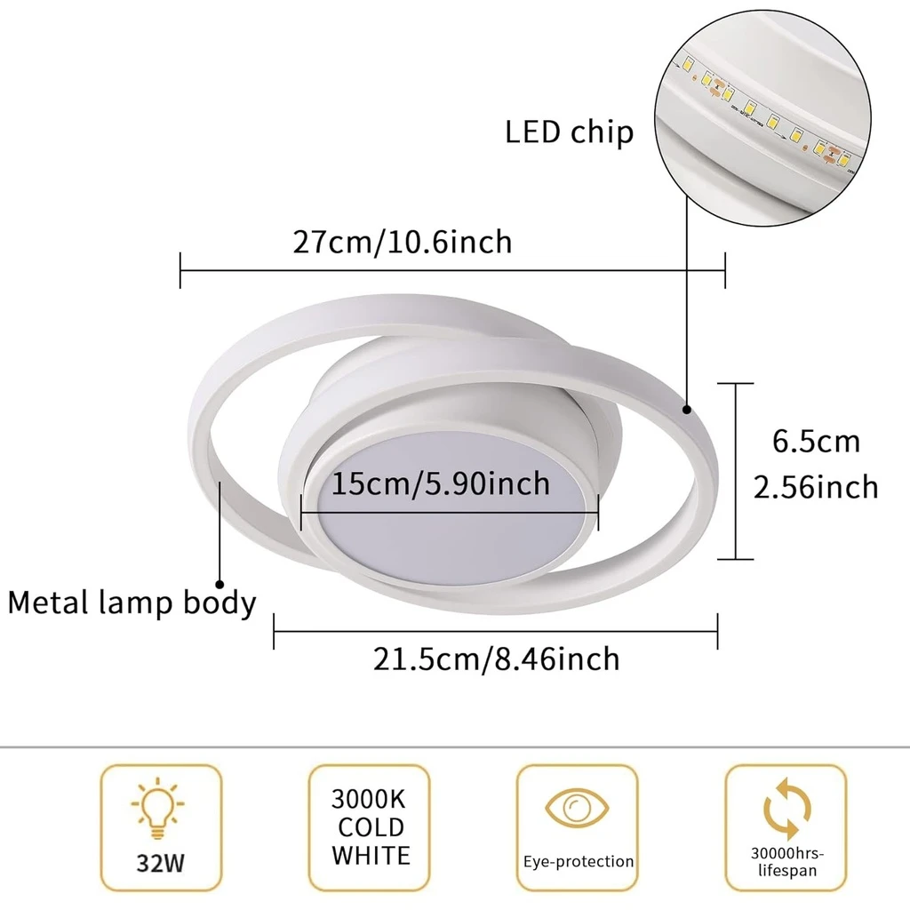 24W LED Chandelier - 3 Circles, 3 Color Settings (Cool White, Neutral, Warm), Modern Design, White