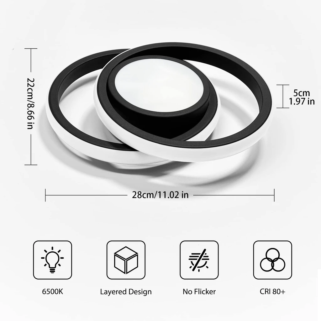 24W LED Chandelier - 3 Circles, 3 Color Settings (Cool White, Neutral, Warm), Modern Design, Black
