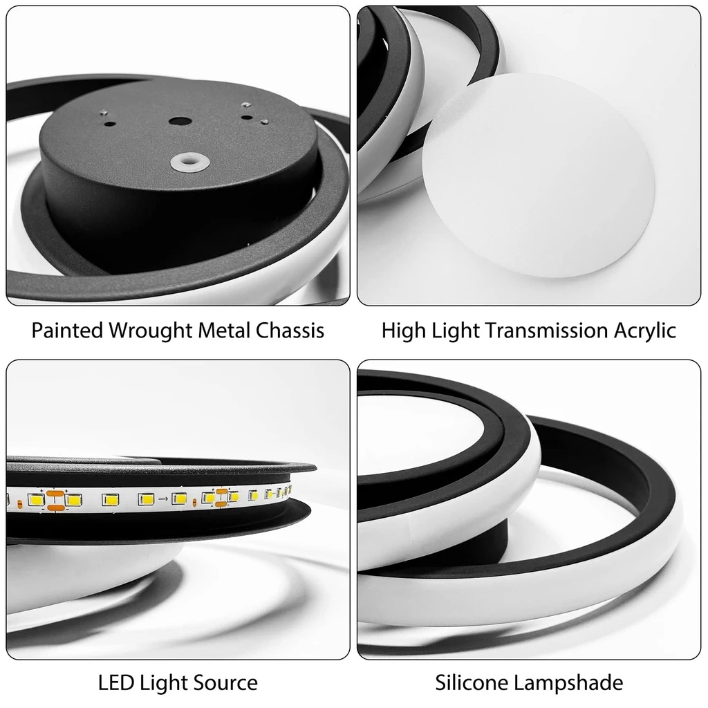 24W LED Chandelier - 3 Circles, 3 Color Settings (Cool White, Neutral, Warm), Modern Design, Black