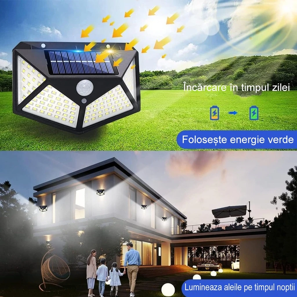  Solar-powered outdoor lamp, 100 LEDs and sensor, wall mounting, cable-free, 4 sided, white light 6500k
