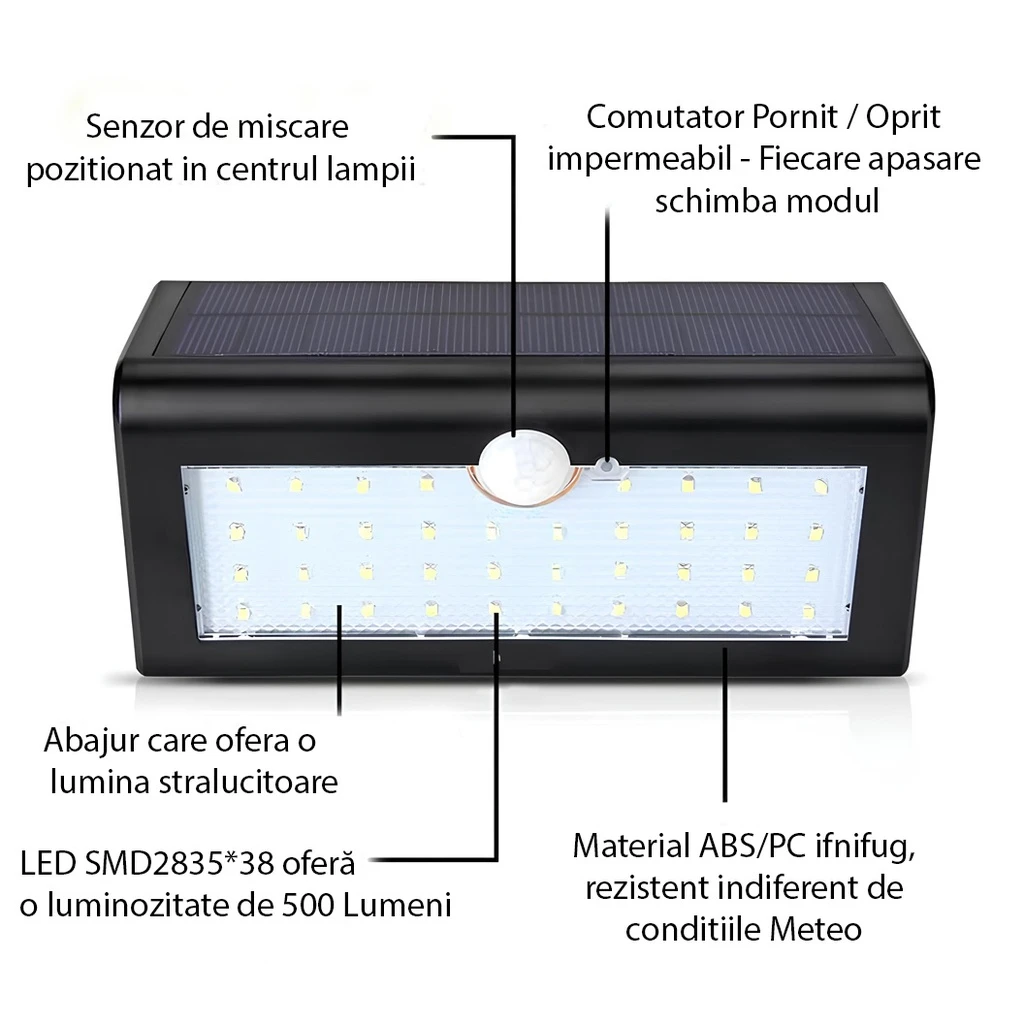 Solar lamp with motion sensor, 38 LEDs, 6500k
