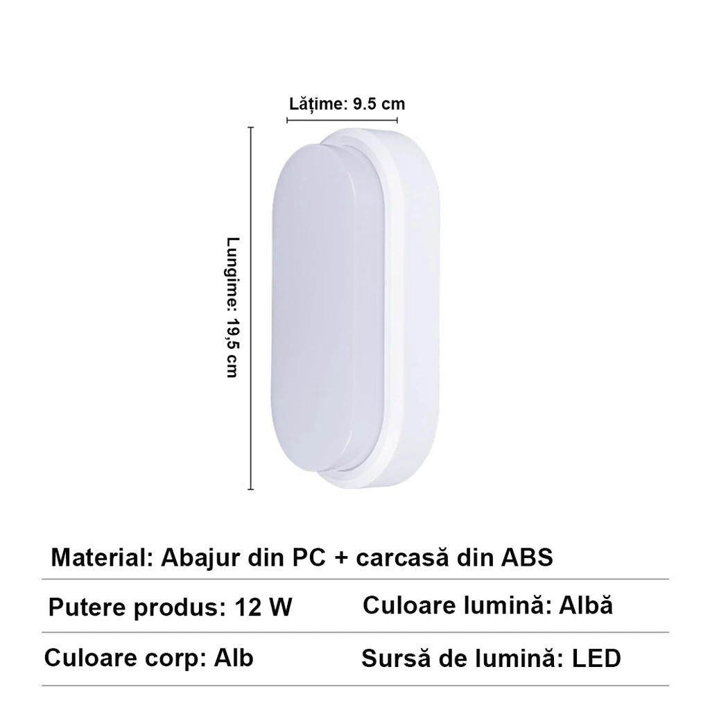 LED wall light 12W Oval Exterior, 4000k, White, Applied outdoors