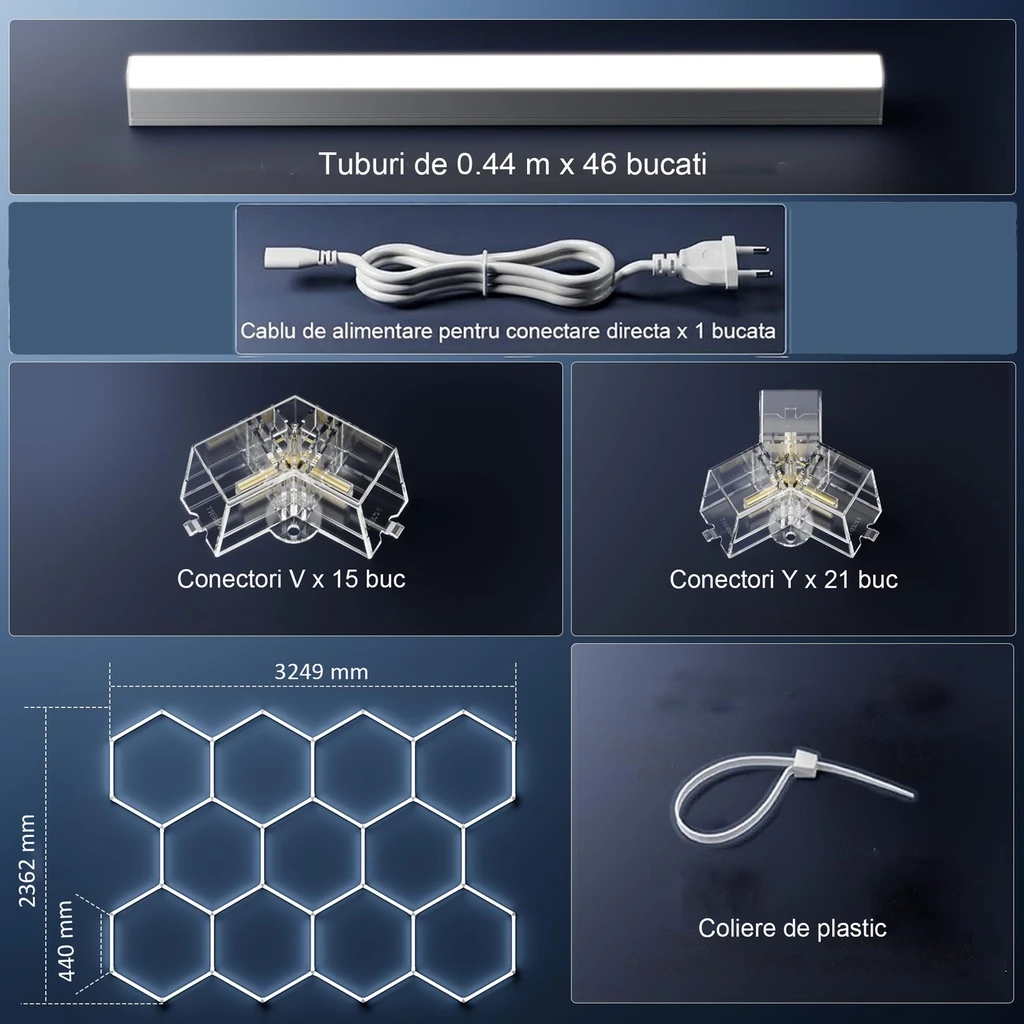 Set of 11 LED Hexagons Honeycomb 322W, 6500k, cool white light, Aluminium