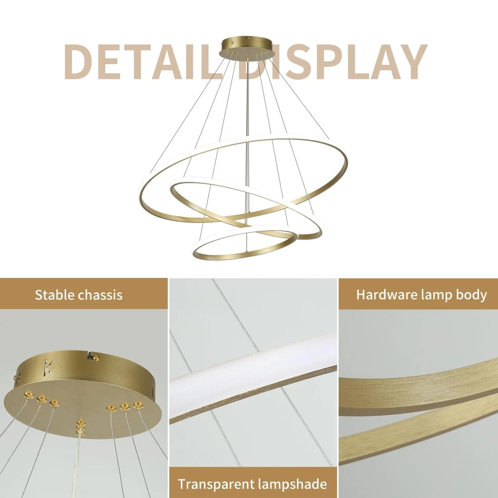 Circular LED Chandelier 72W – 220V, Modern Design, 3 Circles (20/40/60 cm), Iron, Gold, Lighting for Living Room, Dining Room, Hallway, CCT