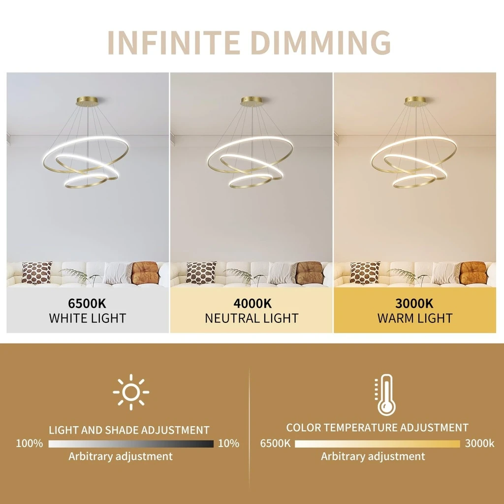 Circular LED Chandelier 72W – 220V, Modern Design, 3 Circles (20/40/60 cm), Iron, Gold, Lighting for Living Room, Dining Room, Hallway, CCT