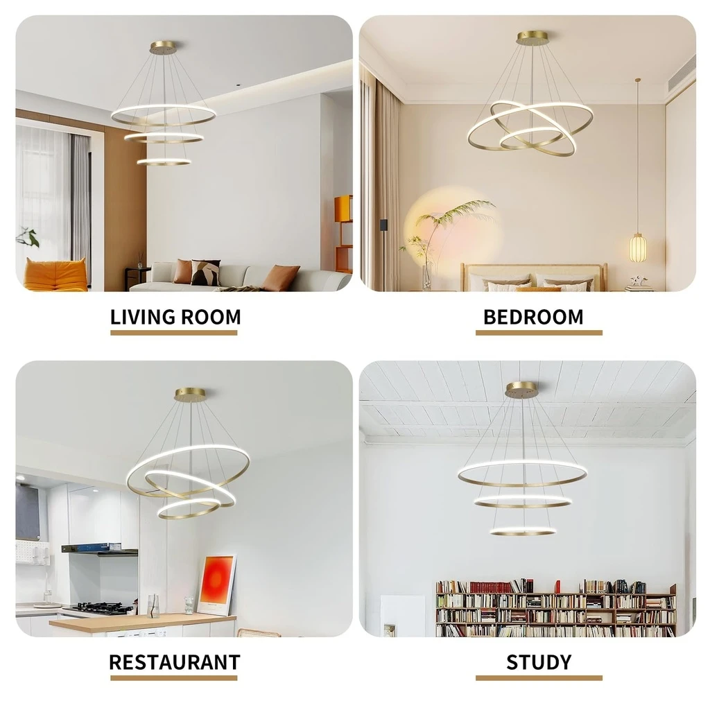 Circular LED Chandelier 72W – 220V, Modern Design, 3 Circles (20/40/60 cm), Iron, Gold, Lighting for Living Room, Dining Room, Hallway, CCT