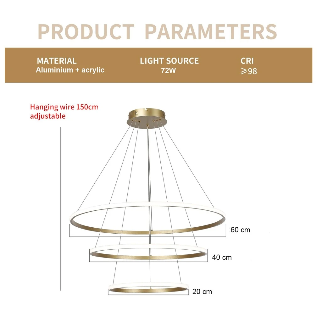 Circular LED Chandelier 72W – 220V, Modern Design, 3 Circles (20/40/60 cm), Iron, Gold, Lighting for Living Room, Dining Room, Hallway, CCT