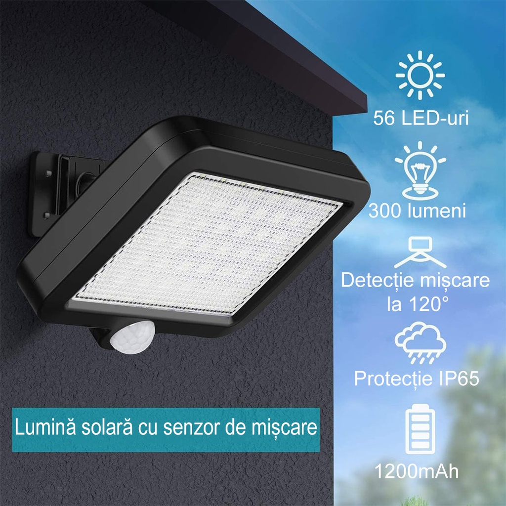LED Light with solar panel, 56 LEDs with 1 grid, wall mounting, 3 colors, 3500k, 4500k, 6500k