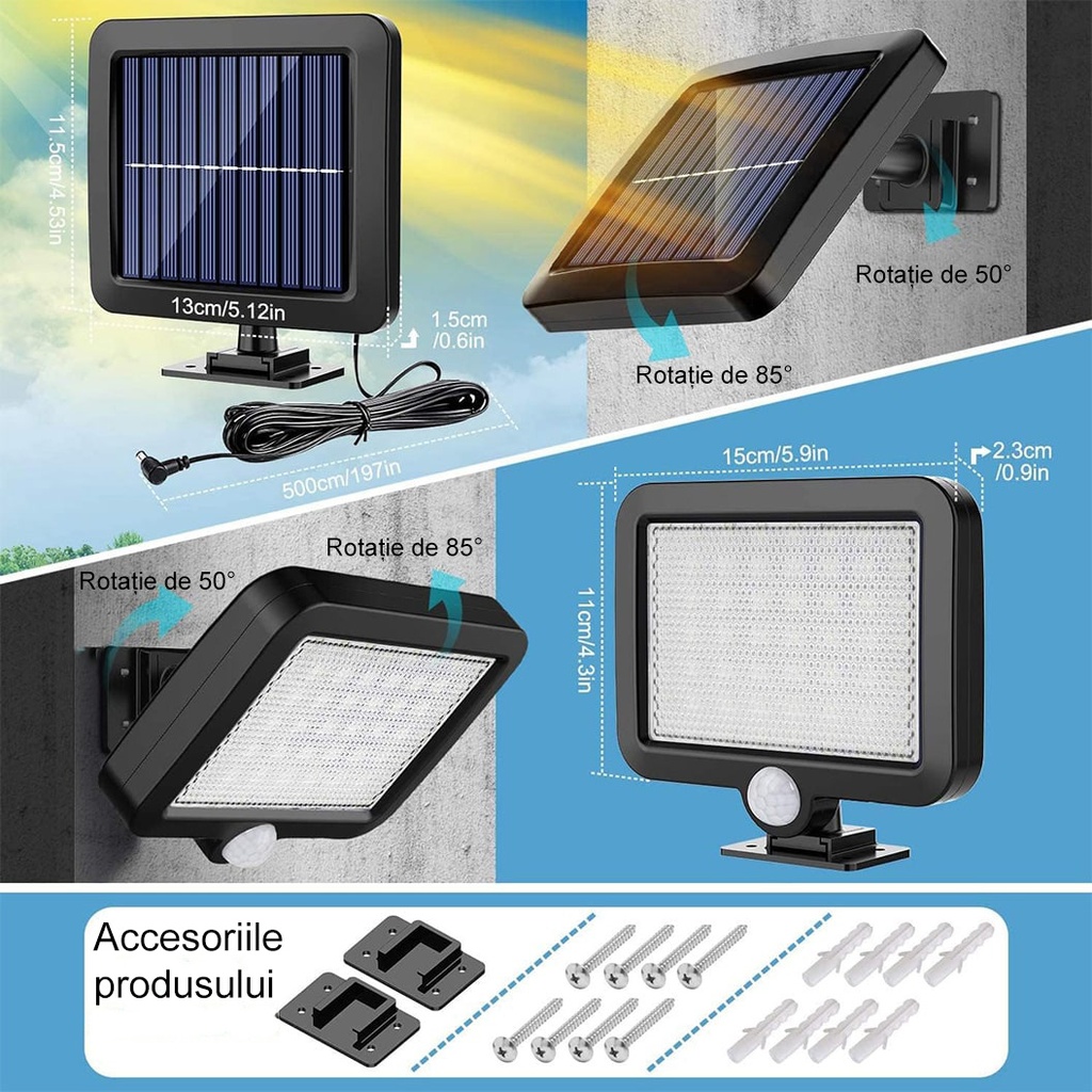 LED Light with solar panel, 56 LEDs with 1 grid, wall mounting, 3 colors, 3500k, 4500k, 6500k