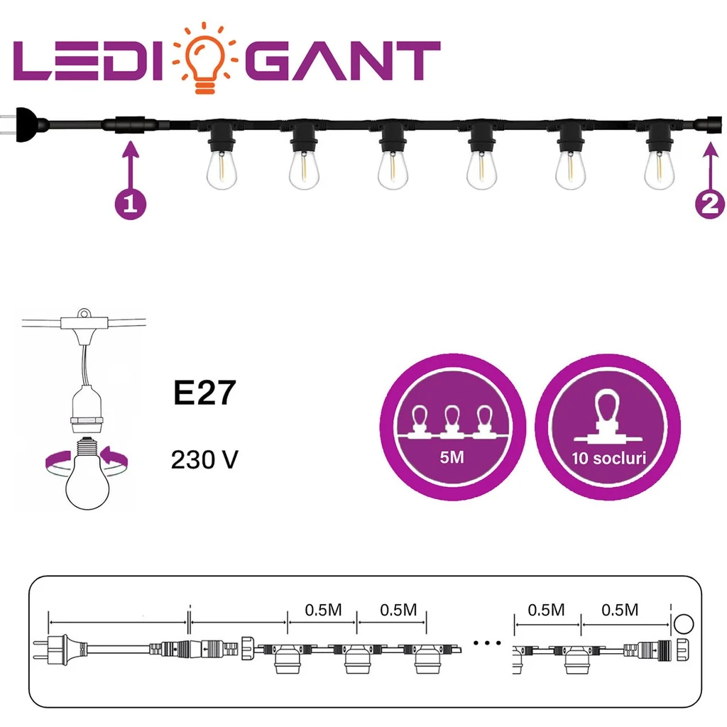 LED light garland 5m, 10 bulbs included (E27), interconnectable, IP65, for terrace, garden and events