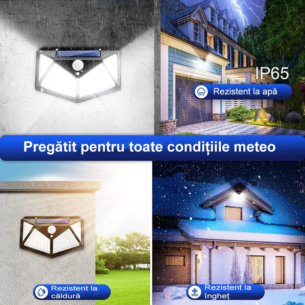 Solar-powered outdoor lamp, 100 LEDs and sensor, wall mounting, cable-free, 4 sided, white light 6500k