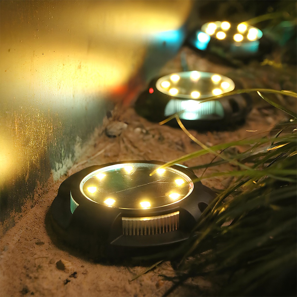 Solar LED spot lamp for garden, with 4 multi-colored side LEDs and 8 warm white main LEDs, IP65, ABS material, 2V battery, 700 mah, 11x13.5 cm, Black