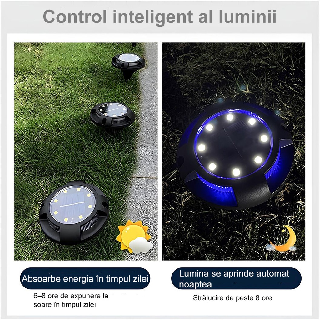 Solar LED spot lamp for garden, with 4 multi-colored side LEDs and 8 warm white main LEDs, IP65, ABS material, 2V battery, 700 mah, 11x13.5 cm, Black