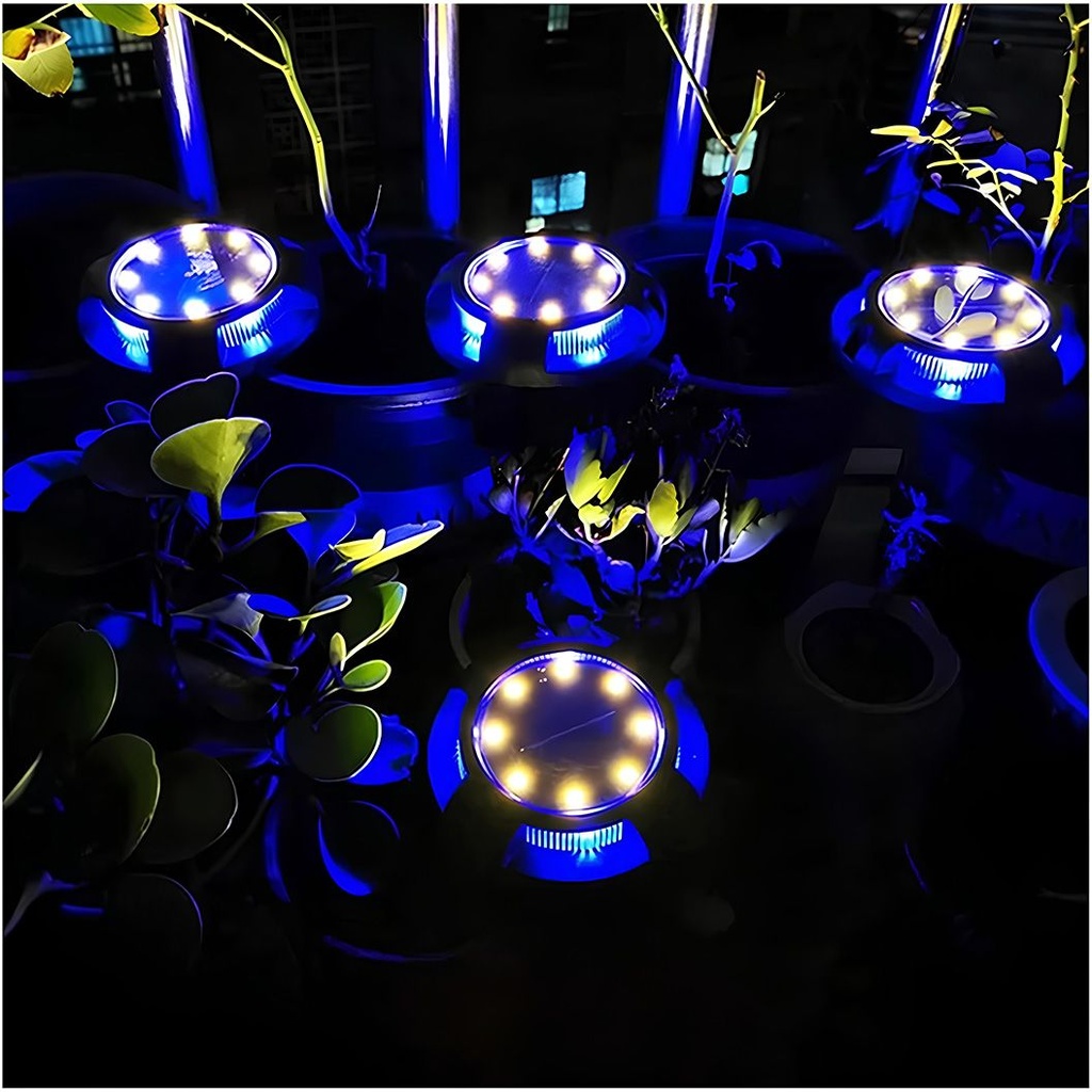 Solar LED spot lamp for garden, with 4 multi-colored side LEDs and 8 warm white main LEDs, IP65, ABS material, 2V battery, 700 mah, 11x13.5 cm, Black