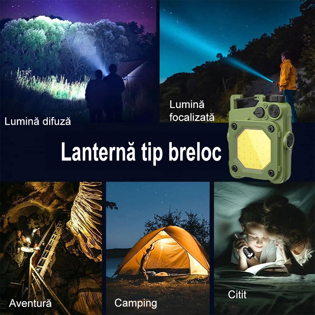 Mini Keychain Pocket Flashlight, USB Type C Charging, Multifunctional, for Outdoor, Camping, Mountain, Cycling, 6.1 x 5 x 2.5 cm, Strong Light, Green Color