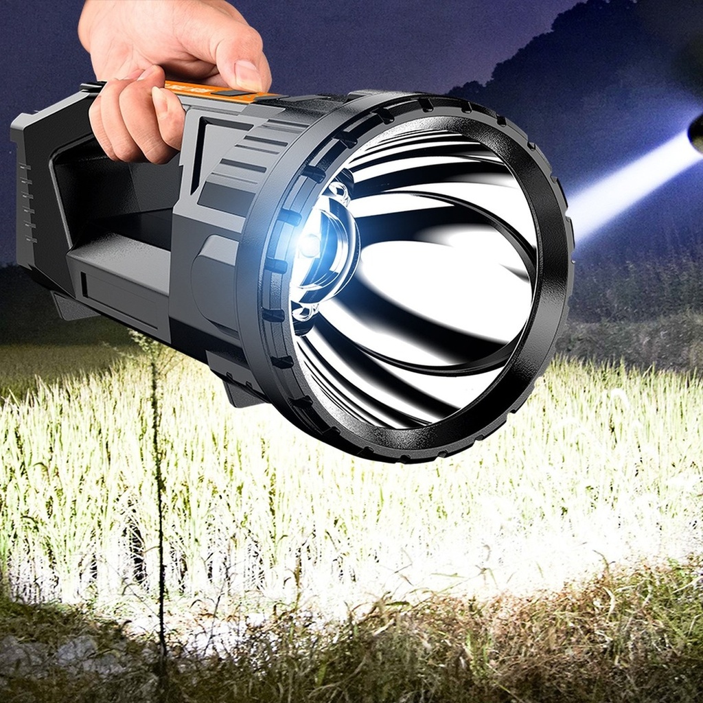 LED Flashlight, USB Charging, 8-24h Battery Life, 2 Light Sources, Main and Side, Maximum Range 100-200 m, COB, 5W, 23X10X10 cm, Yellow