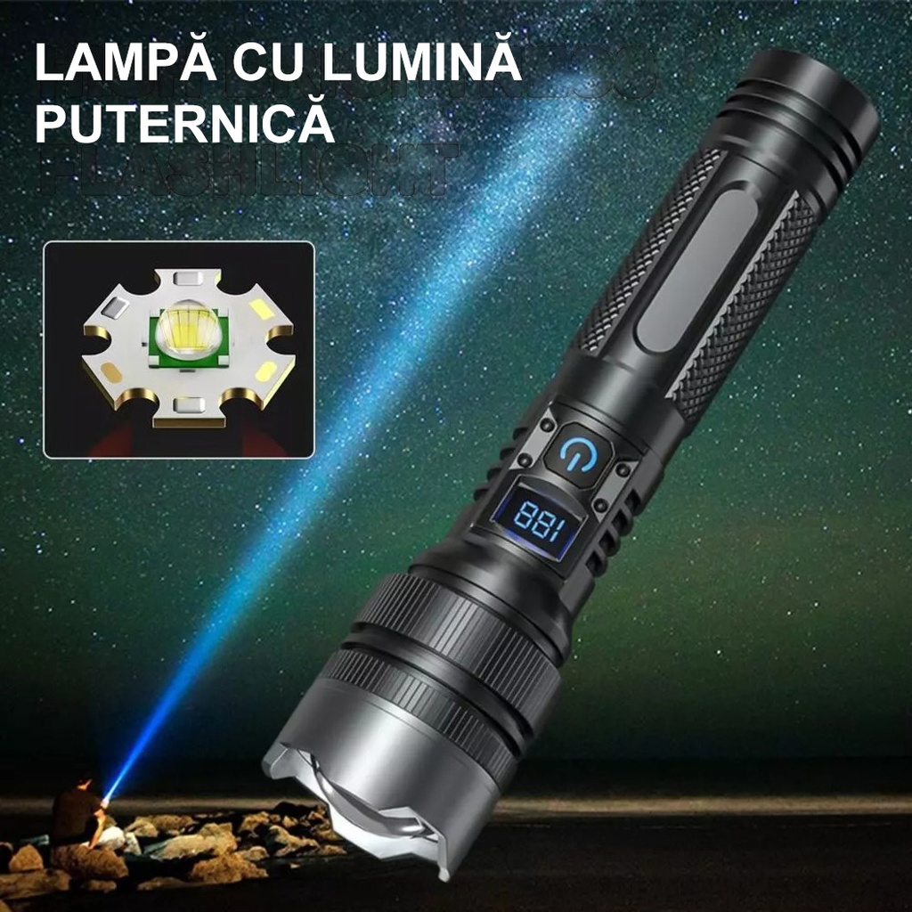 LED Flashlight with Power Bank, USB Charging, 200m Range, 10W, T6 Telescopic Model, Zoom Function and Phone Charging, 1800 mAh, Black