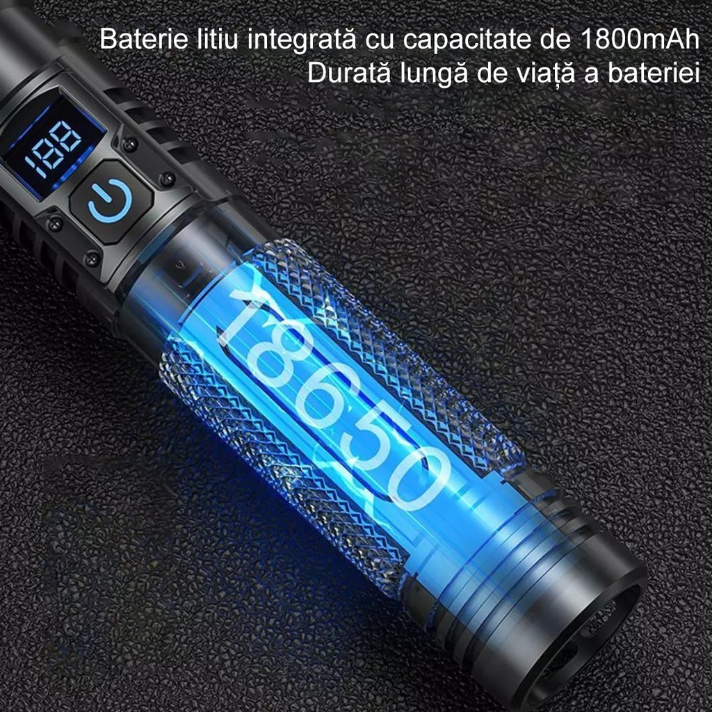 LED Flashlight with Power Bank, USB Charging, 200m Range, 10W, T6 Telescopic Model, Zoom Function and Phone Charging, 1800 mAh, Black