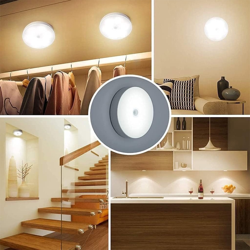  LED Night Light with Motion Sensor, Two Types of White Light, USB Charging, On/Off/Auto Switch, 0.6W, 300mAh, Round Design, White, 8.5x2.3 cm