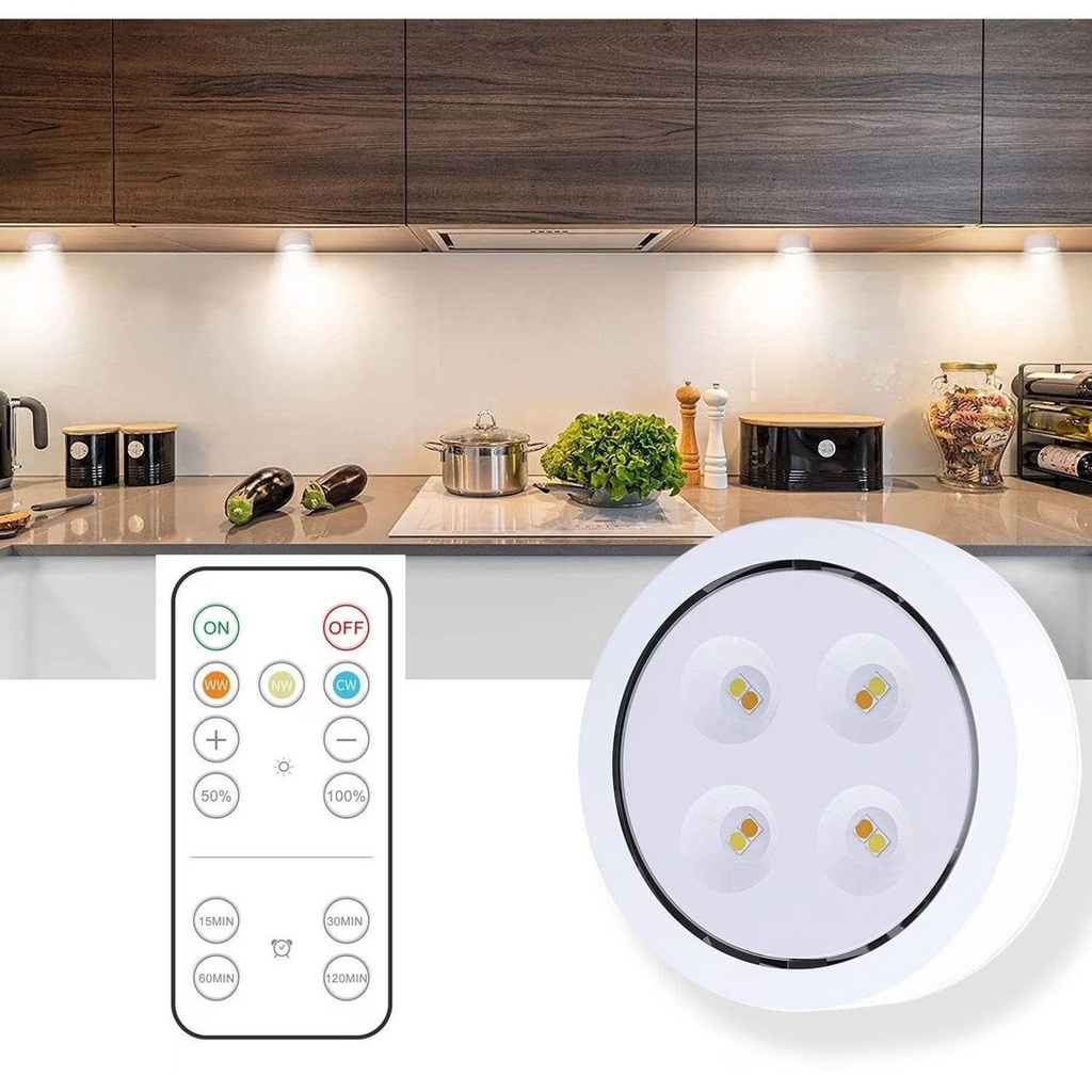 6 LED Lamps Set, Wireless, Battery Operated, 3 Light Colors, 2 Remote Controls, Plastic, White 