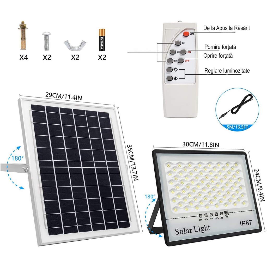 Set of 2 LED floodlights with Solar Panel, with Motion Sensor, Remote Control, Waterproof IP67, 322*2 built-in LEDs, 200W, 30x24 cm, Modern Design, Black