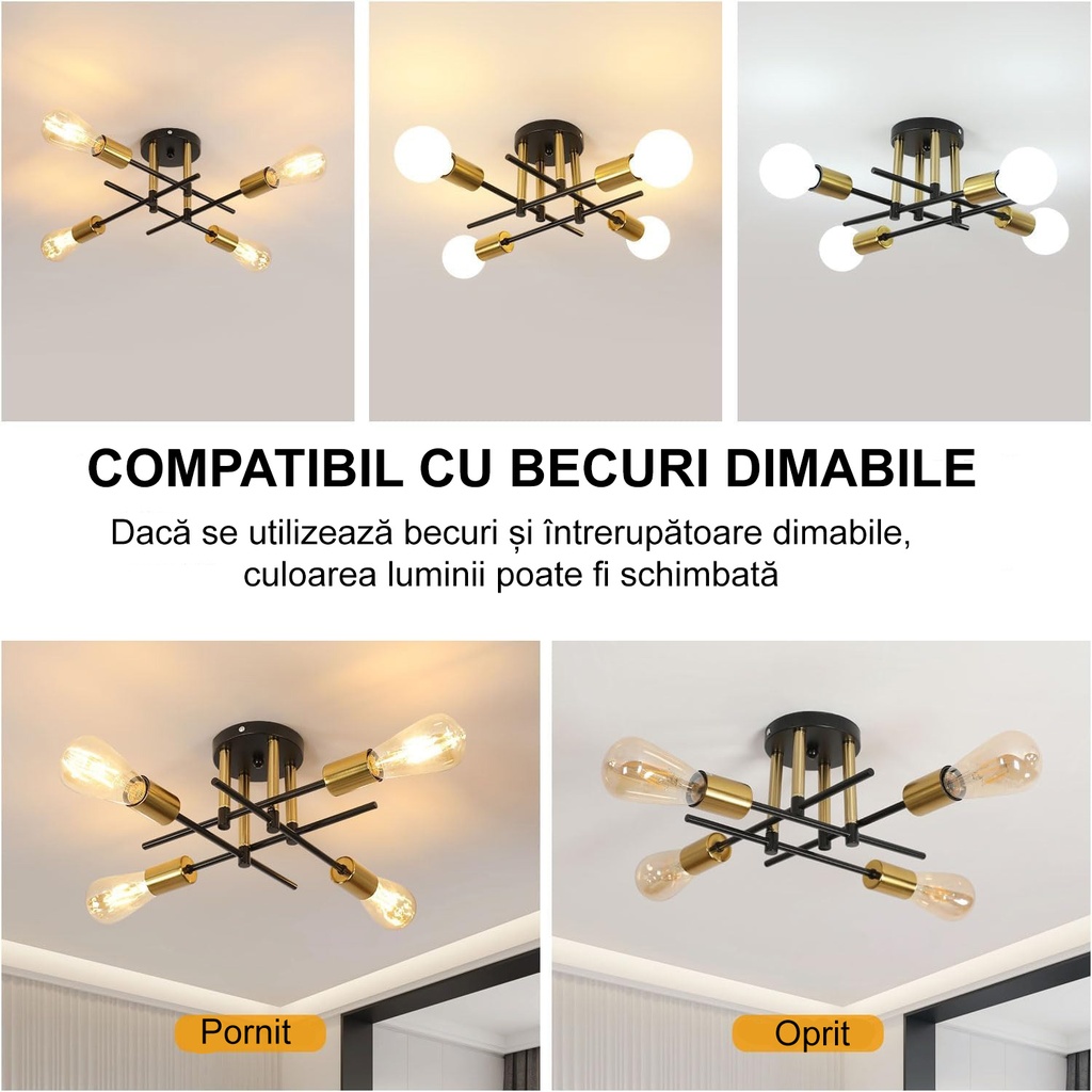 Iron ceiling light, Goeco, Retro, Four heads 46*46*15, Cup light fixture, E27, 220V, Black/Gold 