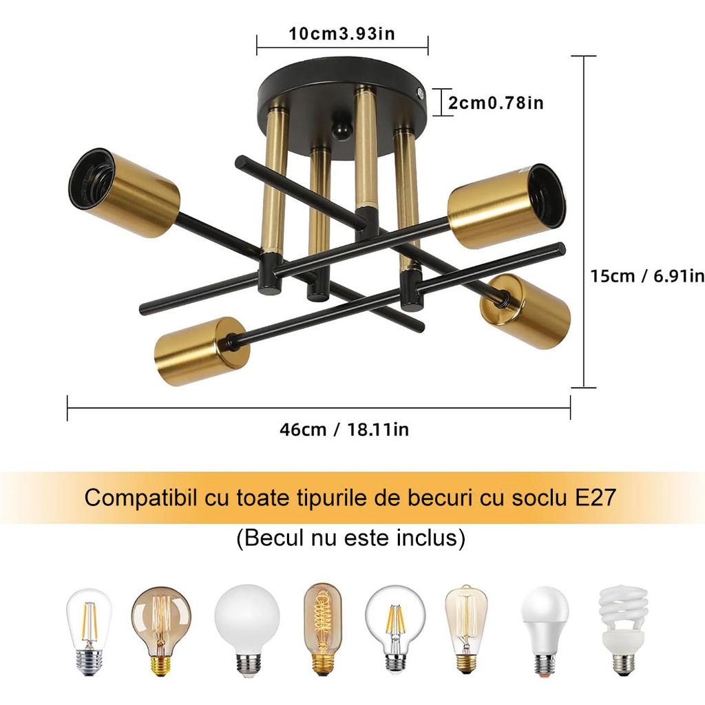 Iron ceiling light, Goeco, Retro, Four heads 46*46*15, Cup light fixture, E27, 220V, Black/Gold 
