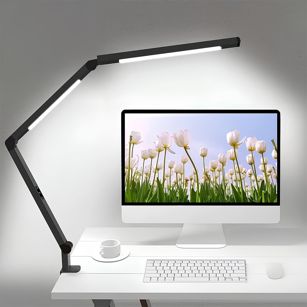 Dual LED Desk Lamp, Eye Protection, 5 intensity levels, 4 color temperatures 3000k-6500k, foldable, no flicker, aluminum material, 12W, 700 lumens, Black
