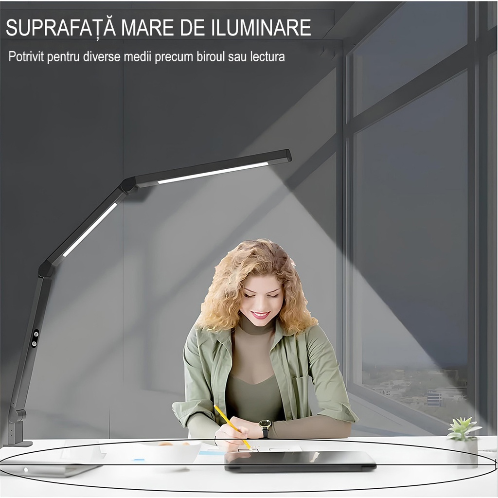 Dual LED Desk Lamp, Eye Protection, 5 intensity levels, 4 color temperatures 3000k-6500k, foldable, no flicker, aluminum material, 12W, 700 lumens, Black