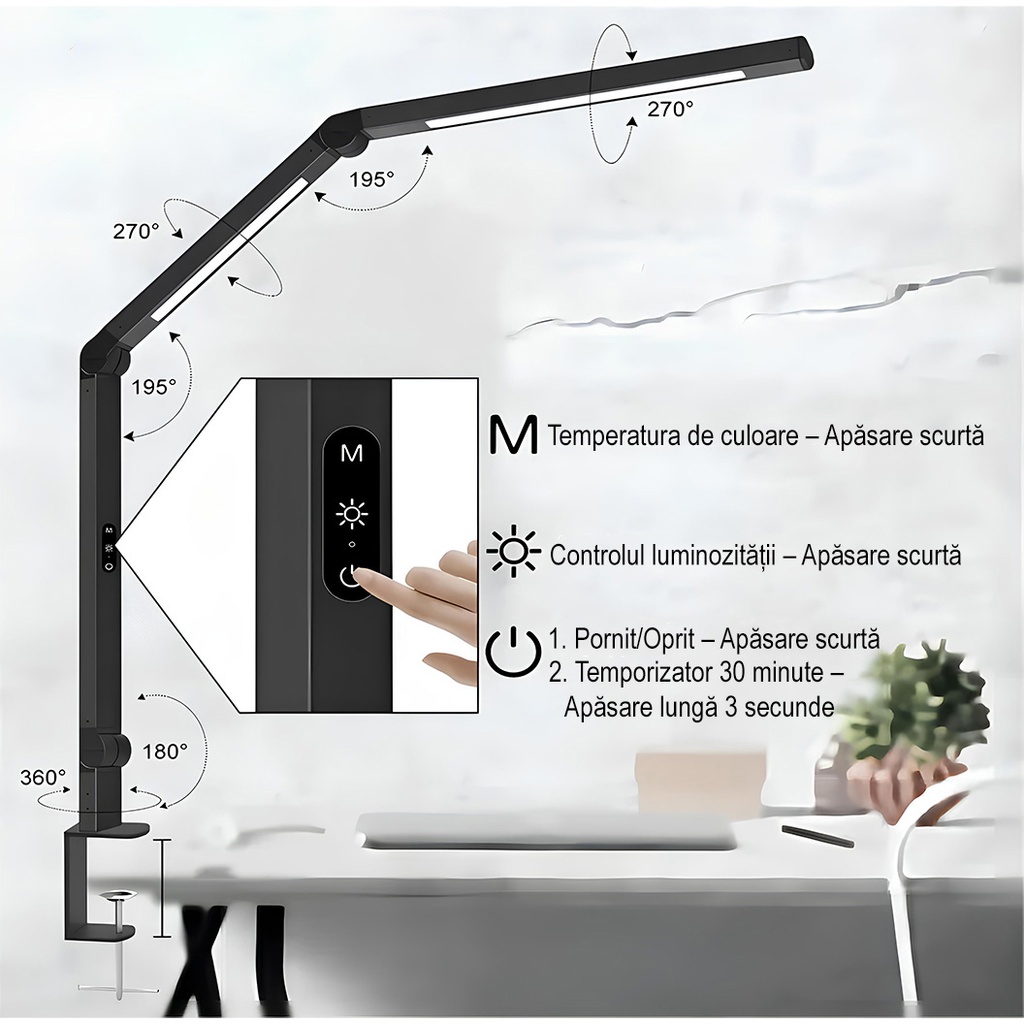 Dual LED Desk Lamp, Eye Protection, 5 intensity levels, 4 color temperatures 3000k-6500k, foldable, no flicker, aluminum material, 12W, 700 lumens, Black