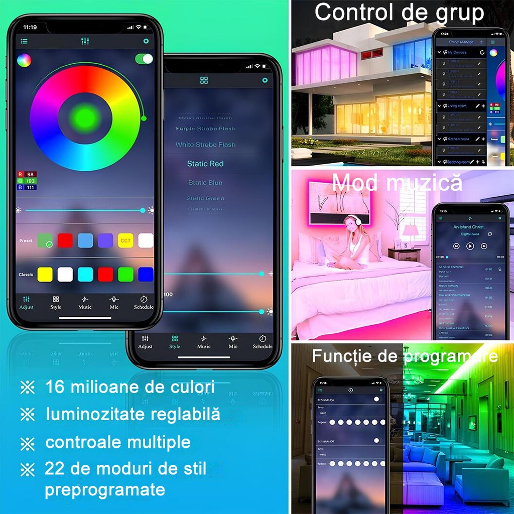 Smart RGB LED Strip Kit 5 meters, app control, remote control, Bluetooth, Multicolor light, Music Sync, voice control, LED Strip