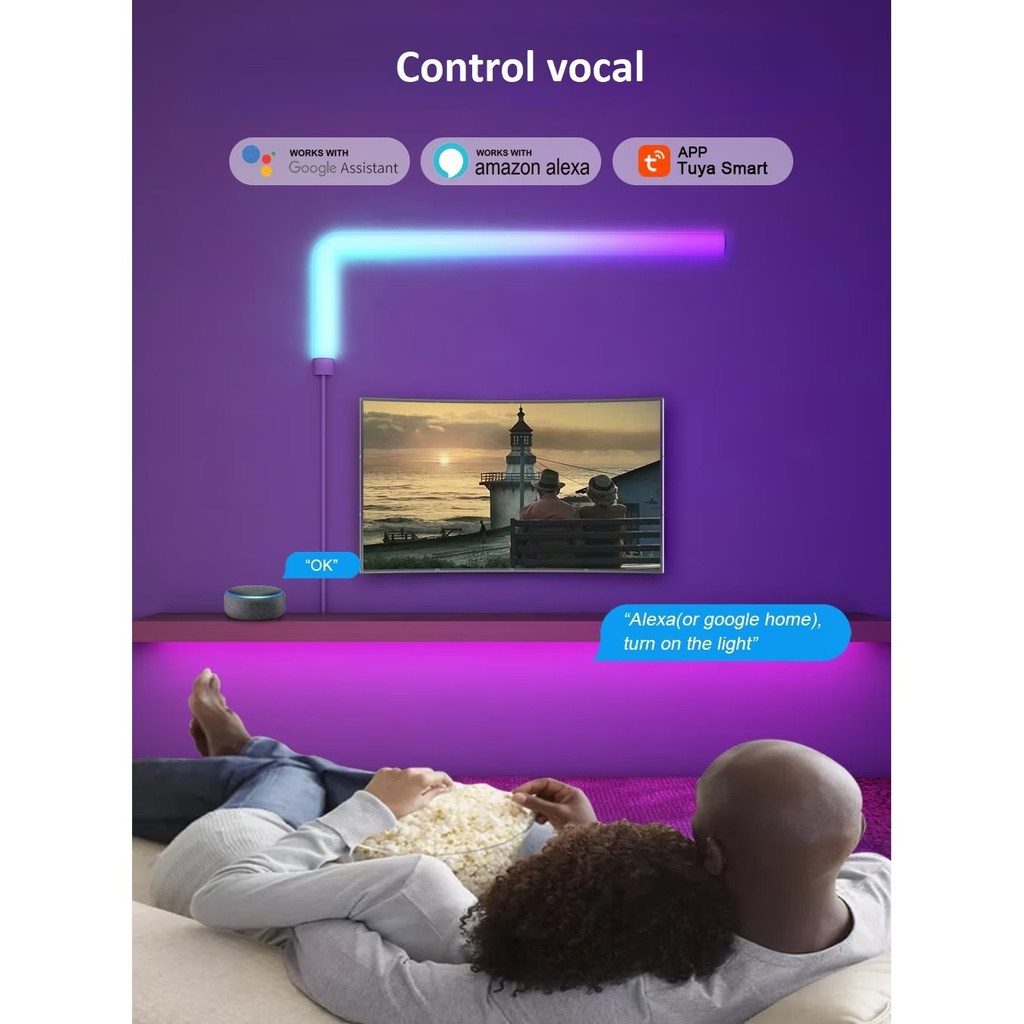 Set of 4 smart RGBIC LED bar, ambient light, sound synchronization, 3 corners for connection, Wi-Fi, Google assistant and Alexa compatible, control via dedicated application and remote control
