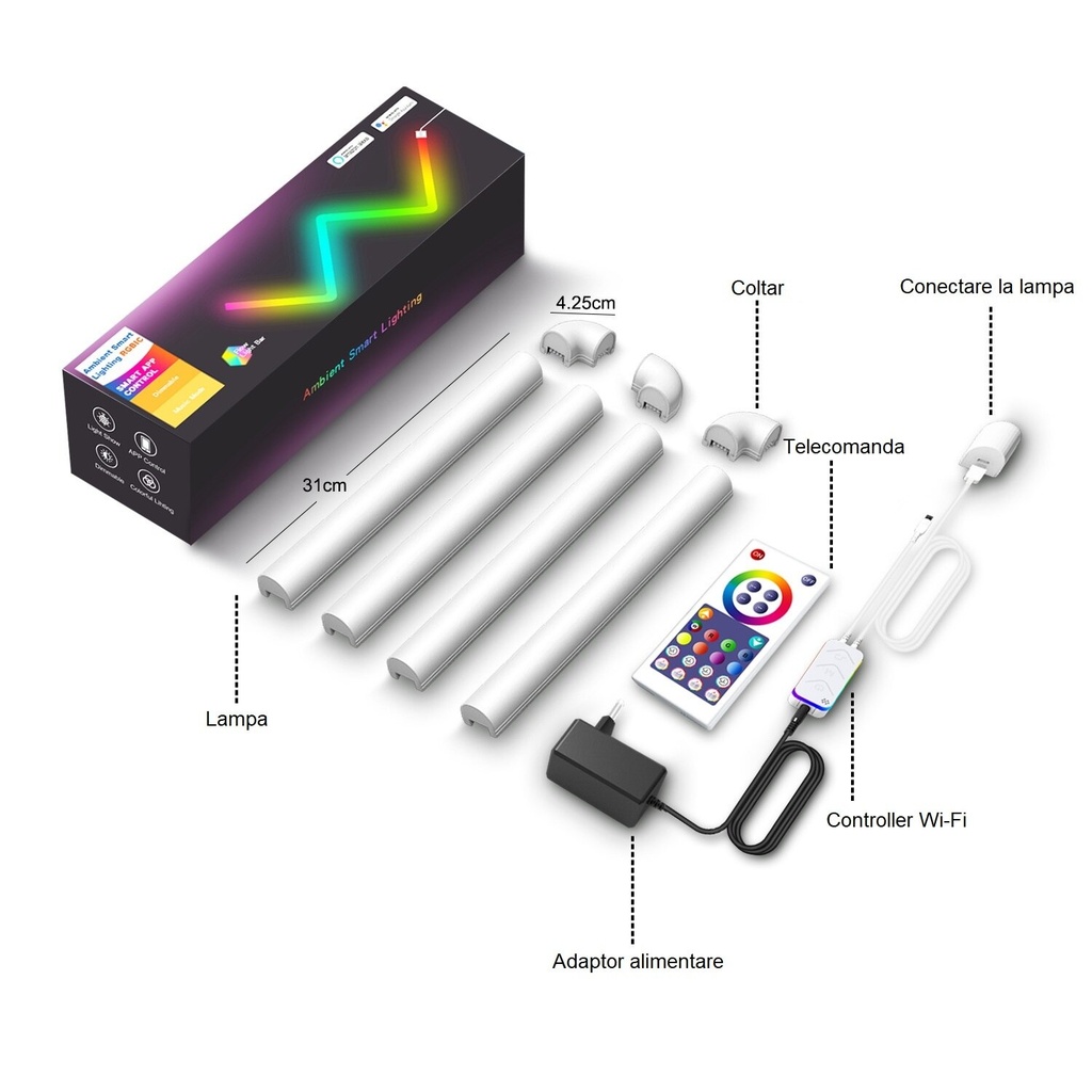 Set of 4 smart RGBIC LED bar, ambient light, sound synchronization, 3 corners for connection, Wi-Fi, Google assistant and Alexa compatible, control via dedicated application and remote control