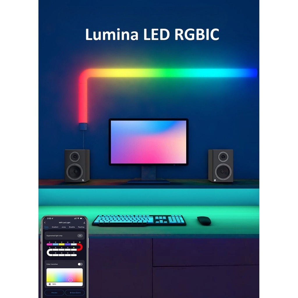 Set of 8 pcs Smart RGBIC LED bars, Ambient Light, Sound sync, 4 corners for connection, Wireless, Google assistant and Alexa compatible, Control via dedicated application and remote control