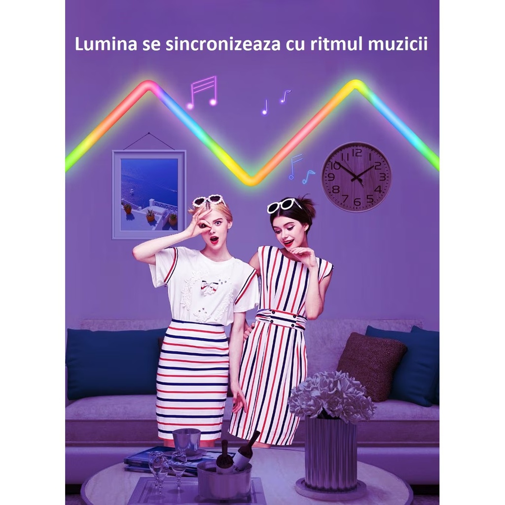 Set of 8 pcs Smart RGBIC LED bars, Ambient Light, Sound sync, 4 corners for connection, Wireless, Google assistant and Alexa compatible, Control via dedicated application and remote control