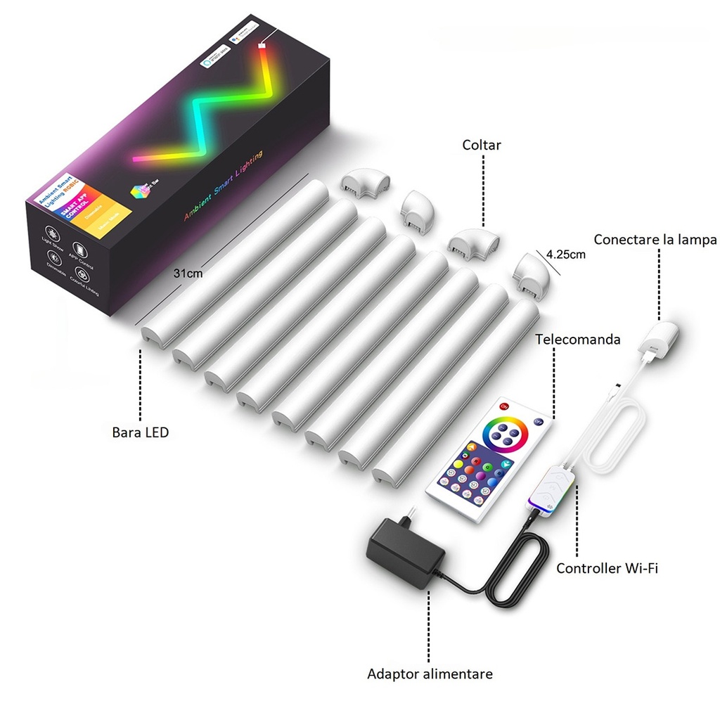 Set of 8 pcs Smart RGBIC LED bars, Ambient Light, Sound sync, 4 corners for connection, Wireless, Google assistant and Alexa compatible, Control via dedicated application and remote control