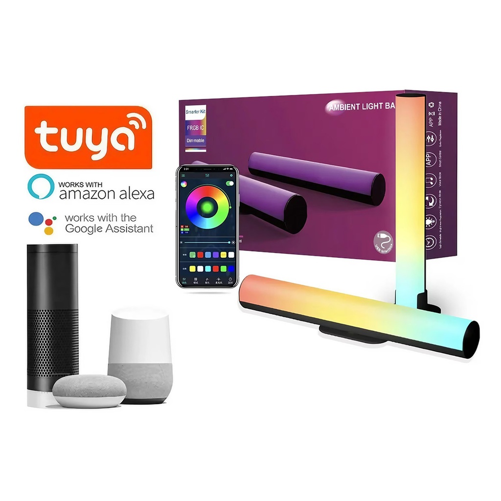 Set of 2 RGB lamps for gaming, wifi, smart, ambient light, sound synchronization, dedicated application, Google assistant and Alexa compatible, wired controller, USB connection, Black 