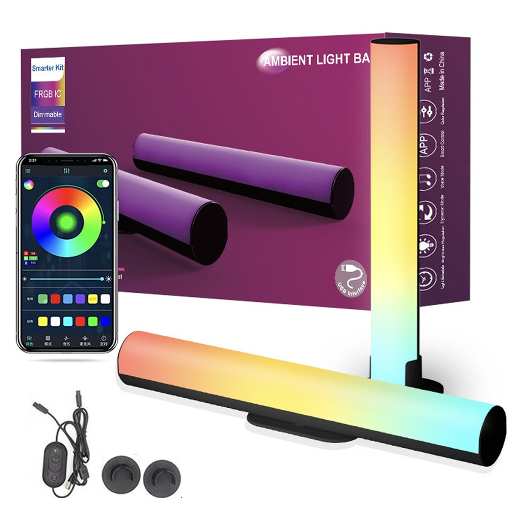 Set of 2 RGB lamps for gaming, wifi, smart, ambient light, sound synchronization, dedicated application, Google assistant and Alexa compatible, wired controller, USB connection, Black 