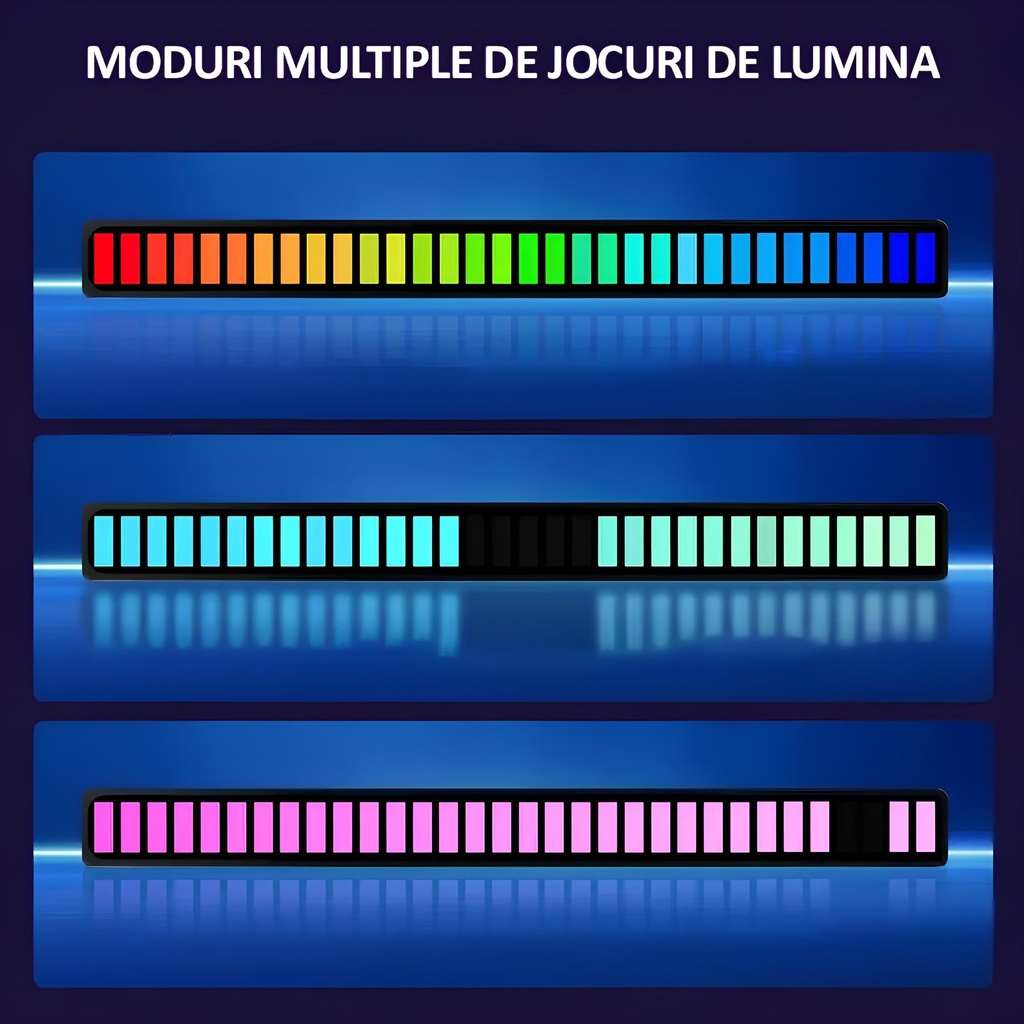 RGB LED Light Bar with Music Sync – 32 LEDs, Sound Sensor, 17 Colors, Multiple Modes, Brightness & Speed ​​Adjustment, USB-C Power Supply, Black