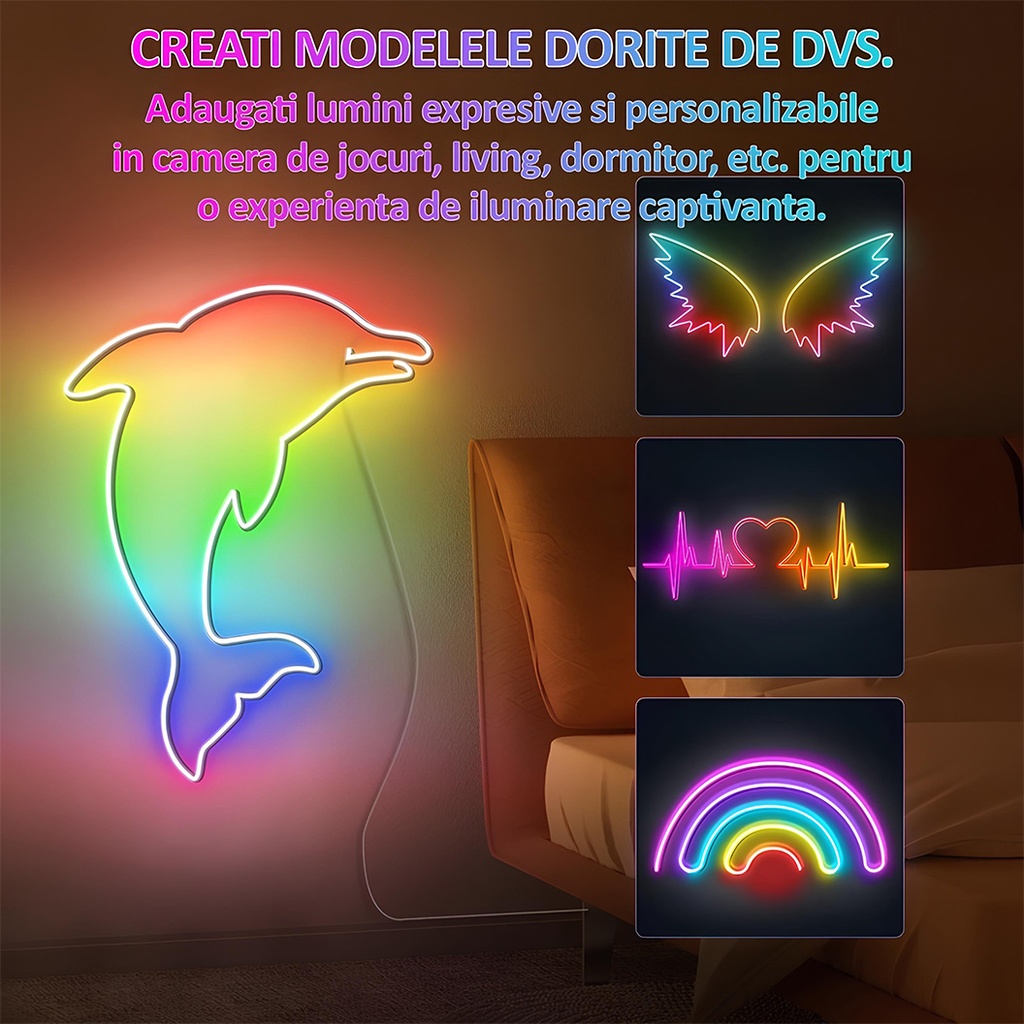 Flexible RGBIC Neon Led Strip, 3M length, app control, multiple functions, color palette, music synchronization, multiple modes, IP67, Alexa and Google voice control, timer, adjustable brightness, adjustable speed, remote control