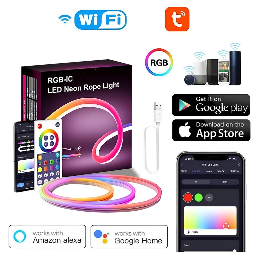 Flexible RGBIC Neon Led Strip, 3M length, app control, multiple functions, color palette, music synchronization, multiple modes, IP67, Alexa and Google voice control, timer, adjustable brightness, adjustable speed, remote control
