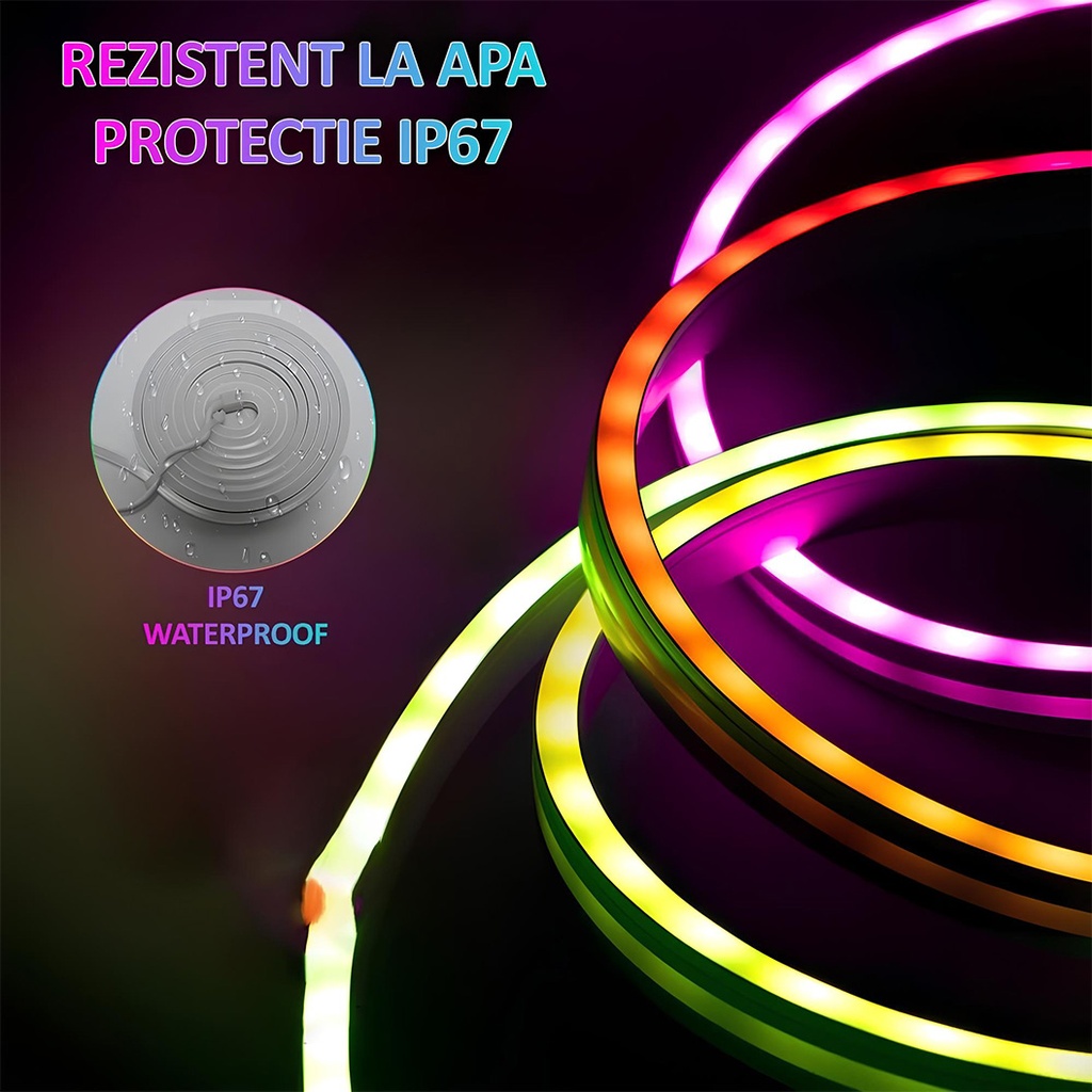 Flexible RGBIC Neon Led Strip, 3M length, app control, multiple functions, color palette, music synchronization, multiple modes, IP67, Alexa and Google voice control, timer, adjustable brightness, adjustable speed, remote control