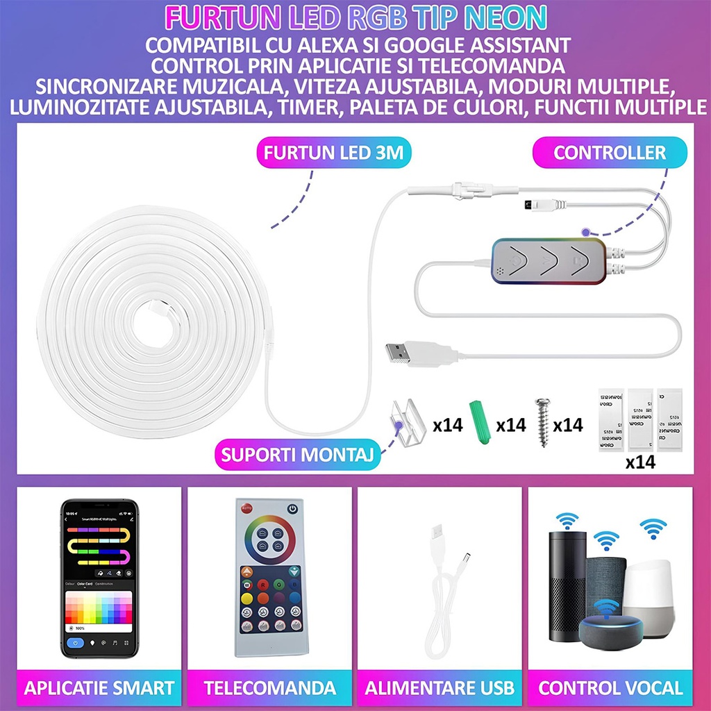 Flexible RGBIC Neon Led Strip, 3M length, app control, multiple functions, color palette, music synchronization, multiple modes, IP67, Alexa and Google voice control, timer, adjustable brightness, adjustable speed, remote control
