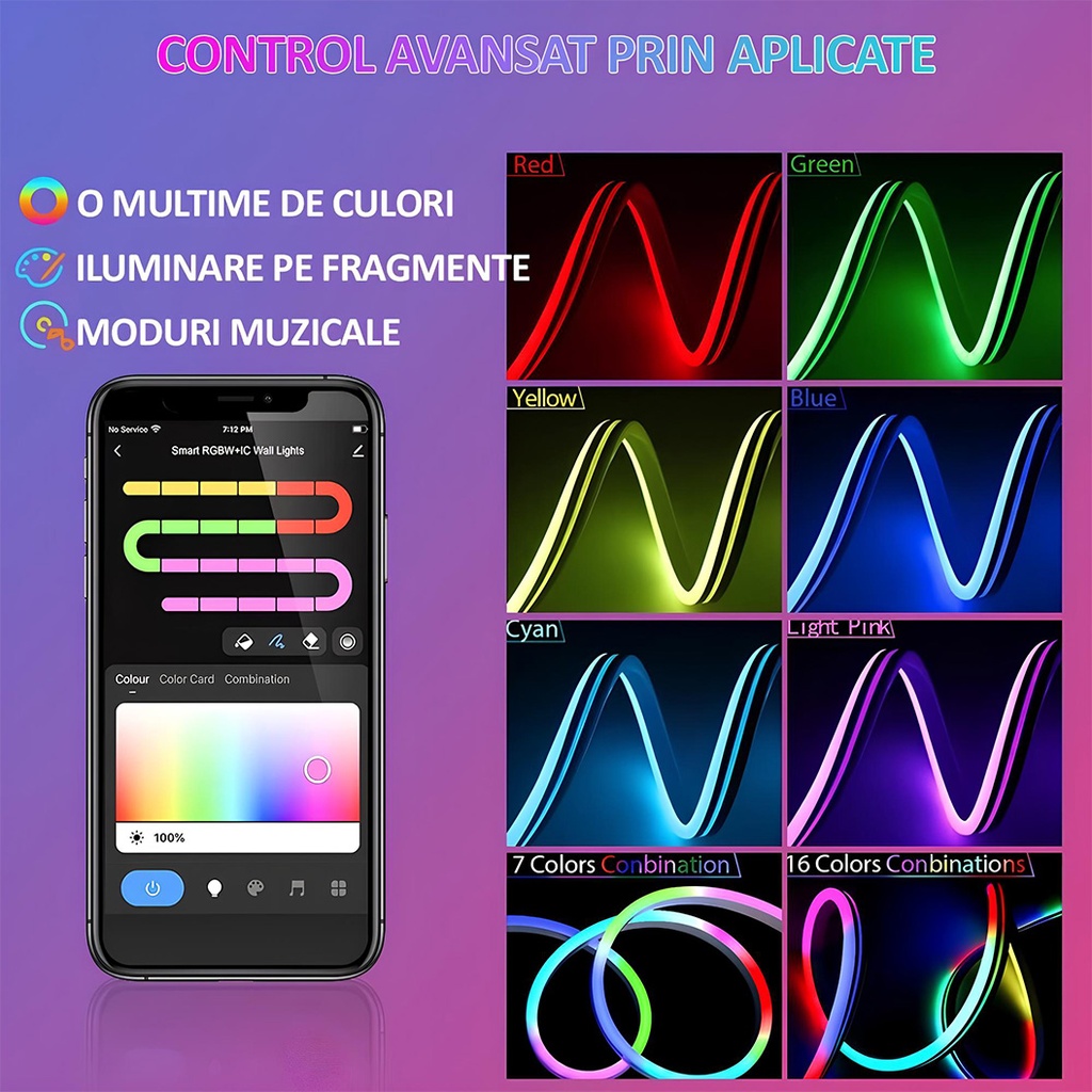 Flexible RGBIC Neon Led Strip, 3M length, app control, multiple functions, color palette, music synchronization, multiple modes, IP67, Alexa and Google voice control, timer, adjustable brightness, adjustable speed, remote control